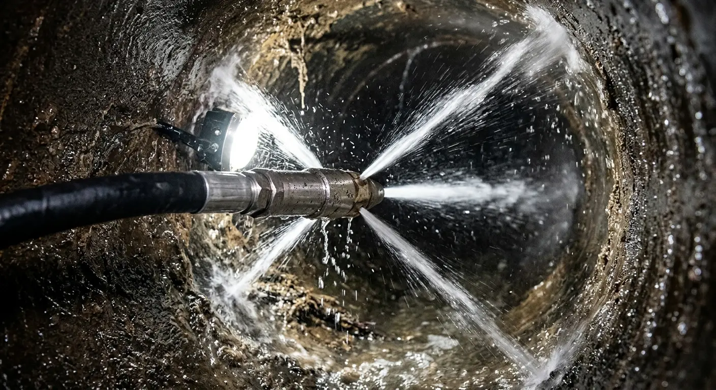 High-pressure hydro jetting nozzle cleaning sewer pipe for Trenchless Sewer Repair in Temple