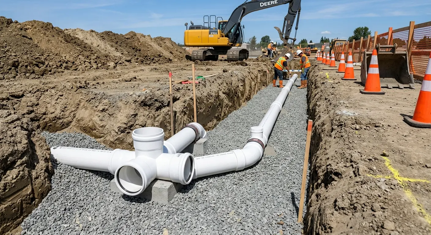 New PVC sewer pipe installation in open trench for Commercial Drain Cleaning in Temple