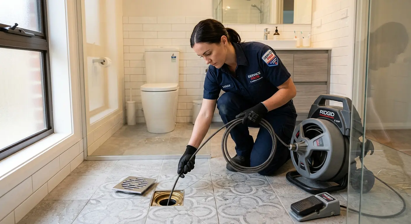 Technician clearing a bathroom floor drain for Clogged Drain Repair in Temple